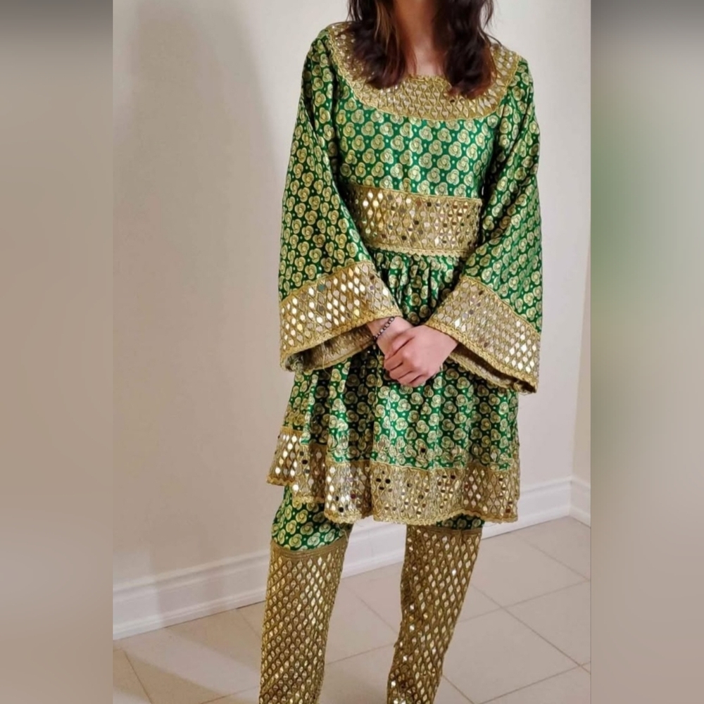 Elegant Green and Gold Women's Afghani traditional Clothes